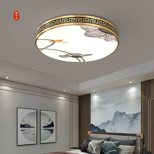 Qianzhang Lamp New Chinese Style Full Copper LED Ceiling Lamp Bedroom Living Room Headlight Study Room Tea Room Zen 2024 New Chinese Style Round 30cm Lotus Rhyme Great Wall 24W