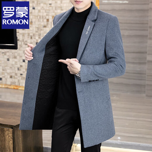 ROMON Wool Woolen Coat Men's Slim Mid-Length Windbreaker Autumn and Winter Thickened New Woolen Men's Jacket Korean Version Black 2XL