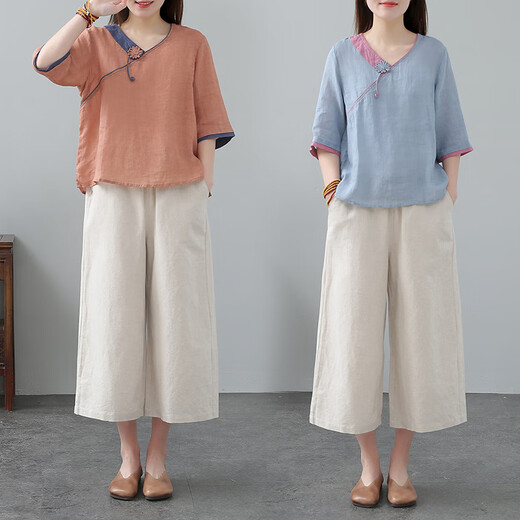 阙时翊太极服棉麻女夏装宽松大码中国民族风复古刺绣太极服两件套夏季 1369焦糖上衣+麻本裤子 L(110~125斤)