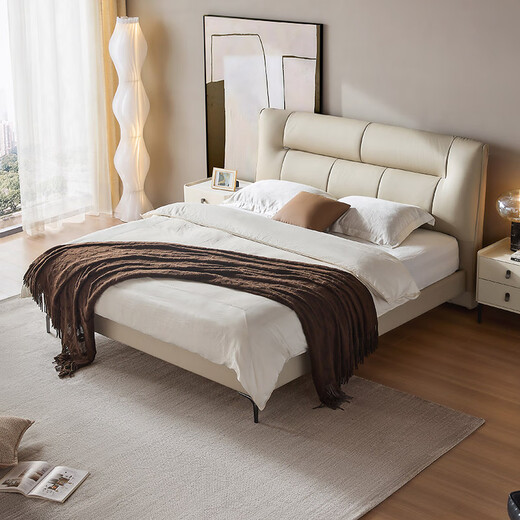 
Lin's home double bed master bedroom large bed modern light luxury top layer cowhide ribs skeleton bed leather art bed 1.8 meters 2 meters TPC701