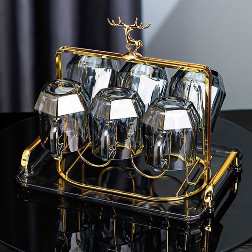 Enshousu simple Nordic style high temperature resistant cold kettle diamond glass water cup home set living room cold kettle cup cup holder diamond pot (elegant gray) + 6 cups + deer stand + tray
