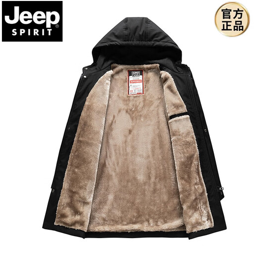 JEEP SPIRIT spring, autumn and winter thickened large size windbreaker men's medium-length coat loose thin velvet trendy fat casual coat new style men's black (plus velvet and thickened) 6XL 225-244Jin Jin equals 0.5 kg