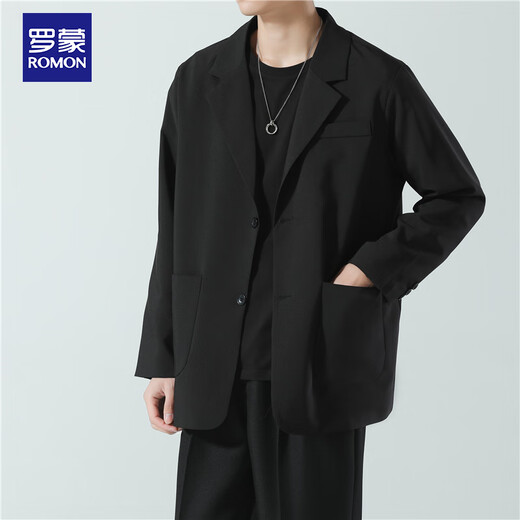 罗蒙（ROMON）西服男士春秋季潮流宽松翻领商务单西休闲小西装外套CG-K8黑色XL