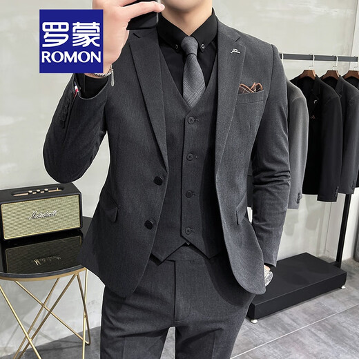 罗蒙（ROMON）轻熟风休闲大码西服套装男韩版修身两粒扣三件套通勤商务小西装潮 中灰色【西装+马甲+西裤】 2XL (建议135-145斤内)