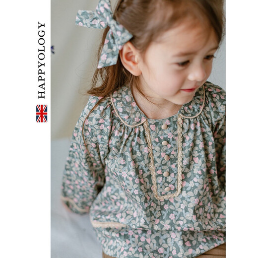 Happyology British European style button-down girls' shirt children's shirt long-sleeved tops girls British splicing collar flowery golden rose 134 (134cm)