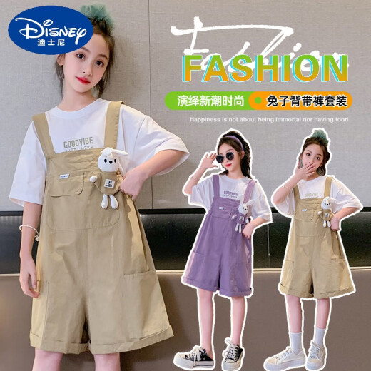 Disney Girls Overalls Suit 2024 New Summer Internet Celebrity Style Suspenders Girls Summer Wear Internet Celebrity Two-piece Set Purple 140cm