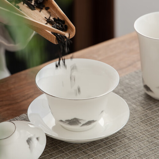 Gold inlaid jade Kung Fu tea set Chinese white pottery mutton fat jade white porcelain tea cup cover bowl home gift box Mo Yue