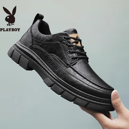 PLAYBOY Leather Shoes Men's 2025 Autumn Formal Business Casual Shoes Round Toe British Martin Boots Men's Work Shoes Black 42