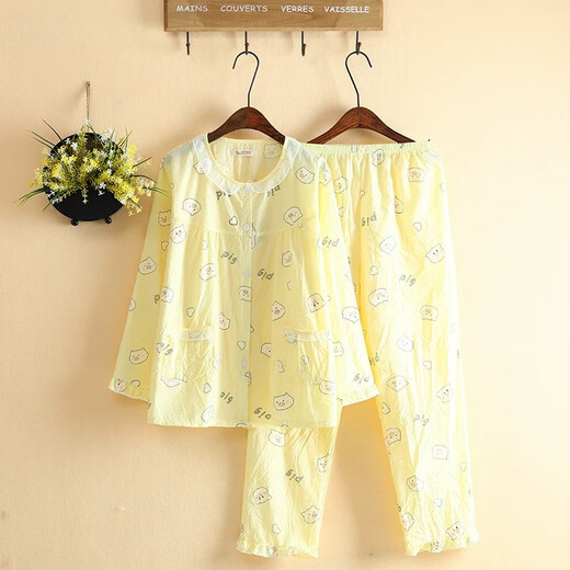 Japanese cute washed fabric pajamas for women spring and summer thin long-sleeved cartoon artificial cotton woven fabric home wear set 1422 yellow cartoon pig XL 110-125Jin Jin is equal to about 0.5 kg