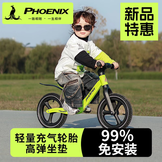 凤凰儿童平衡车滑步车宝宝无脚踏3-5-6岁两轮自行单车男女 亮绿色-升级礼包款 12寸