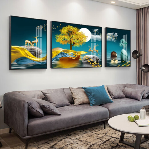 摩琥客厅装饰画新中式大气沙发背景墙壁画现代简约抽象挂画创意三联画 12240时来运转 布艺画中间140*90边70*90黑框