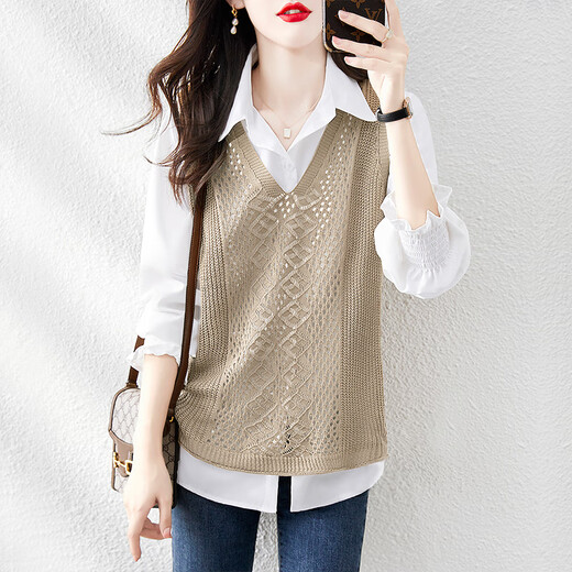 丝柏舍2025秋装新款女装衬衣背心时尚宽松衬衫搭针织马甲套装