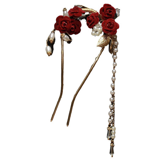 Wanbaozi Red Rose Tassel Hairpin High-end U-shaped Hairpin Women's Ancient Style Cheongsam Bridal Toast Wear Headwear Gold