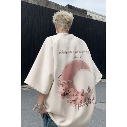 
PTAT American Suede Hard Short Sleeve Men's Heavy T-shirt Large Size Moon Large Print Small Neck Half Sleeve T-shirt Clothes Men H9904 Pink XL (Suggested 125-140Jin [Jin equals 0.5 kg])