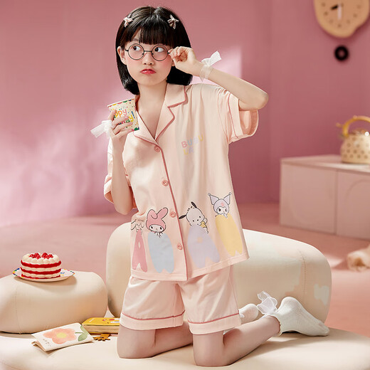 曼妮朵女童睡衣夏季纯棉小女孩新款儿童家居服宝宝开衫短袖短裤套装薄款 B4877紫【双短】 110cm 10码建议105-115cm