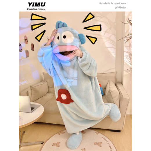 浅伊琳居MU搞怪小丑鱼珊瑚绒睡衣闺蜜情侣卡通连体长款睡袍家居服加厚 蓝色鲨鱼单睡袍#4839 M  建议75-120斤