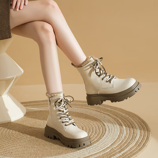 Augushiden Martin boots for women 2025 new winter plus velvet warm thick-soled snow boots British style mid-calf short boots cotton shoes 634217 meters khaki thick velvet 37