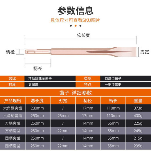 German imported electric pick chisel head electric pick pick tip chisel flat chisel drill bit 65 pick head electric hammer electric pick head self-sharpening hexagonal large electric hammer pick slotting shovel electric hammer drill bit electric pick special pick hexagonal handle rose gold 17X280 sharp chisel