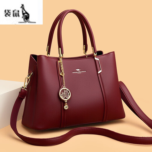 Kangaroo genuine leather women's handbag mother's bag large capacity single shoulder middle-aged mother-in-law bag bride wedding bag mother's day gift burgundy