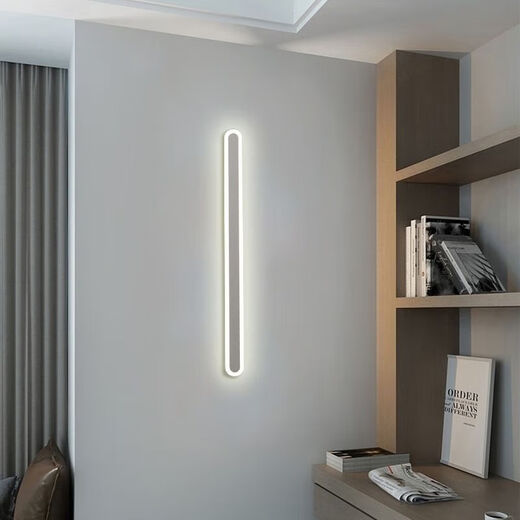 FENGLANQ light luxury minimalist one-word long wall lamp living room grille line TV background wall lamp simple bedroom bedside lamp black acrylic 80cm three-color variable white light + warm light + medium light