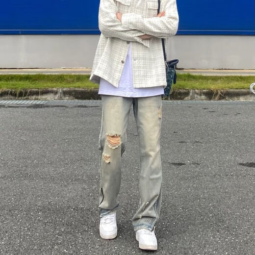 ZHIDOUDOU夏季新款美式高街复古做旧破洞拉链黄泥染水洗牛仔裤子休闲男女款 叁牛-9756 S  收藏优先发货