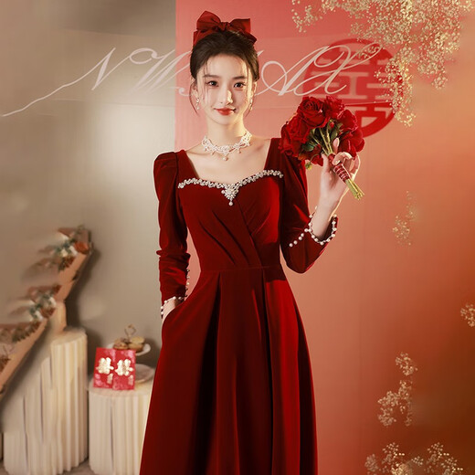 Libaixin toasting dress bride 2025 new autumn and winter burgundy engagement dress high-end long-sleeved velvet wedding atmosphere burgundy M