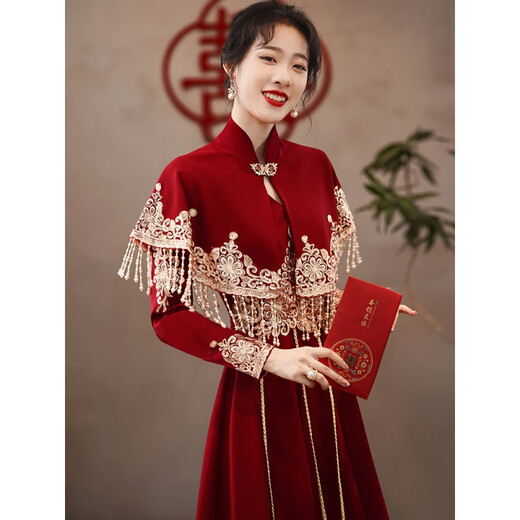 QIANSUIHONG 2025 New Chinese Style Cheongsam Toast Wear Bridal Red Tassel Shawl Wedding Engagement Dress Evening Dress Women LDS Ankola Burgundy Long Sleeve XL