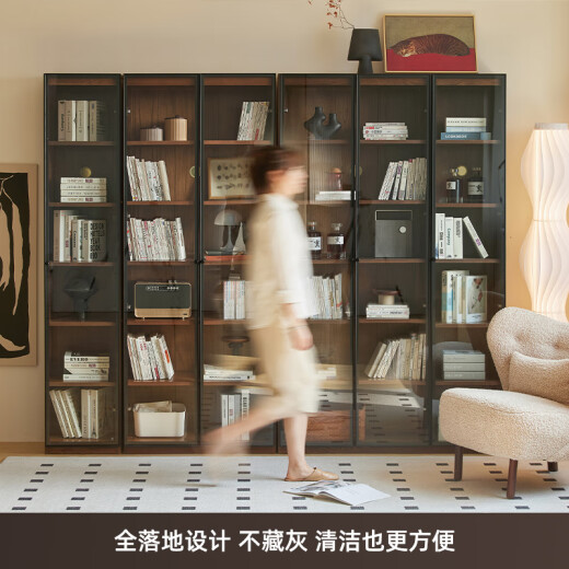 原始原素实木书柜置物柜客厅书房家具带玻璃门展示柜三门黑胡桃色D6172BY