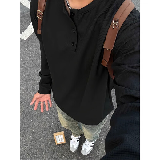 Digada American Henry Neck Waffle Waffle Sweatshirt Men's Men's Spring and Automne and Winter Plus Fleece Underpants T-shirt long à manches longues décontractées