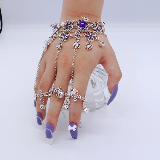 Beijing ancient style bell bracelet ring little fox same style purple hand decoration retro exotic style bracelet Hanfu ancient costume purple oil ancient silver style one