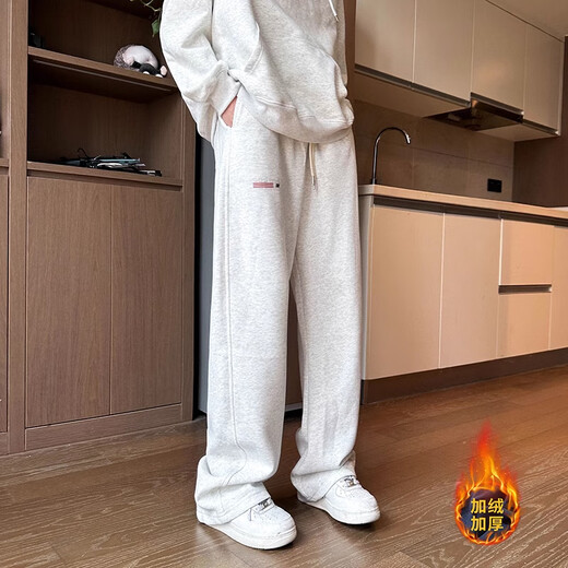 NASA BASE casual pants men's American heavyweight autumn and winter new loose sports straight pants men's trendy brand casual long pants men white gray plus velvet XL (recommended 120-150Jin Jin equals 0.5 kg)
