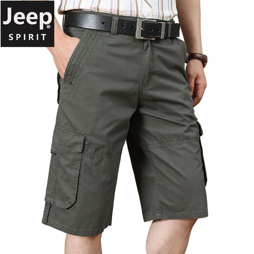 Jeep (Jeep) Arbeitshorts Herren Sommer dünne reine Baumwolle Fünf-Punkte-Hosen mit großer Größe loser mittelgroßer Hosen Mehrfach-Pocket-Freizeit-Shorts 9889 Military Green 36 zwei Fuß acht