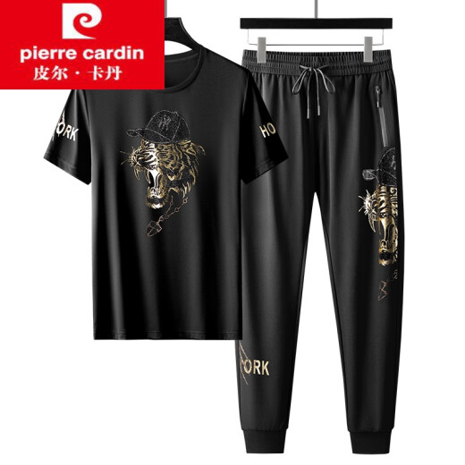 皮尔卡丹烫钻套装T恤男装运动服装休闲运动品牌冰丝短袖帅气时尚搭配帅气 5012黑色套装 M