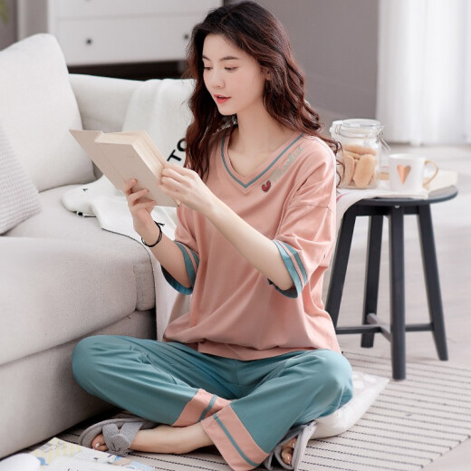 
Youtingfei pajamas for women in summer pure cotton thin short-sleeved trousers round neck pullover ladies pajamas for outdoor home clothing set YD7371 L