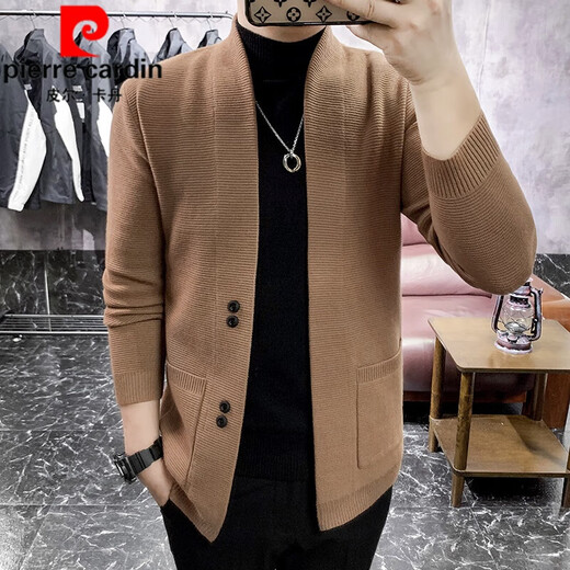 Pierre Cardin Brand Wool Cardigan Men's Trendy Slim Jacket 2025 Spring and Autumn Thickened Men's Knitted Sweater Cardigan Sweater Jacket Dark Gray 2XL