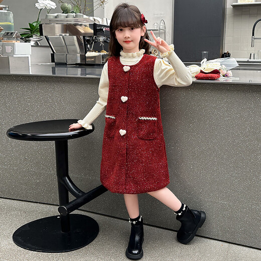 晴其女童过年衣服洋气套装大童女装女童背心裙秋冬款2024儿童小香风套 TD1105泡泡袖木耳边半高领针织打 110 (XS)
