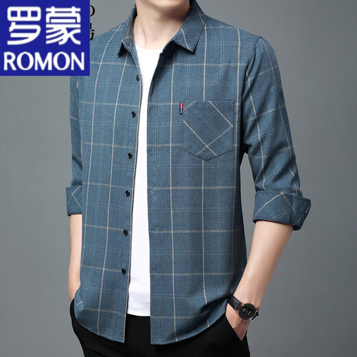 罗蒙（ROMON）纯棉长袖衬衫男春秋款真口袋中年男装格子宽松大码衬衣男 长袖薄款6626兰色 180/2XL建议145-160斤