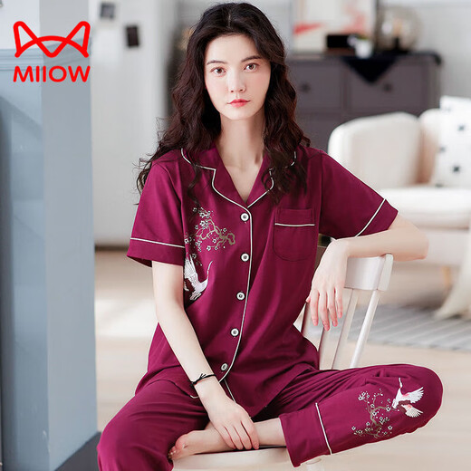 Catman (Miiow) 100 pyjamas en coton pur pour femmes, pantalon d'été d'âge moyen et âgé à manches courtes pour femmes, de grande taille de vêtements de maison âgés de grande taille Q9928 L Taille (recommandée 100-115 Jin [Jin est égal à 0,5 kg])))
