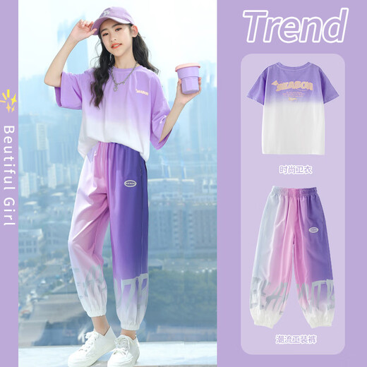 Hanhan Xiang Girl Summer 2025 New Children's Short Sleeve Set Fashionable and Fashionable Summer Mid-Large Children's Sportswear 12-year-old girl 9922 White + 5726 Gradient Purple [Set] 120