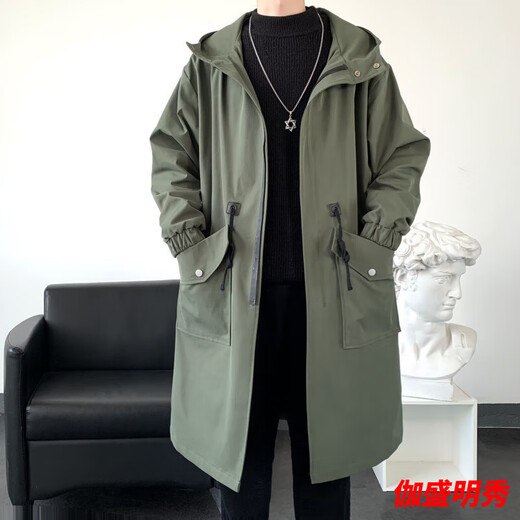 Mouth-turn men's windbreaker jacket men's spring and autumn mid-length coat 2024 new spring long casual large size men's clothing black 2XL 170-190Jin Jin equals 0.5 kg
