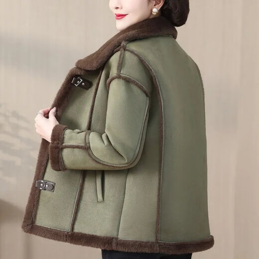 皮尔卡丹（pierre cardin）妈妈冬装加绒加厚皮毛一体短款外套女中老年女装羊羔鹿皮绒机车服 咖色 XL 建议90-110斤