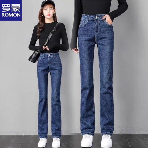 ROMON straight-leg plus velvet thickened jeans for women in autumn and winter new high-waist elastic women's pants large size loose cigarette pants 209 # dark blue plus/velvet straight long/pants 28