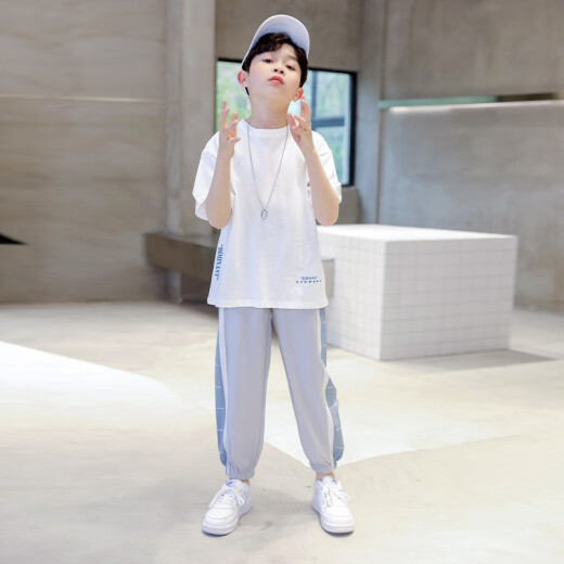 McTICCO Boy Suit T-shirt pour enfants à la mode Vêtements pour enfants décontractés Médium d'été et grand garçon Bélose à la mode 9767 noir + 5725 Gradient [Suit en soie de glace] 140 Taille (130-140 cm)