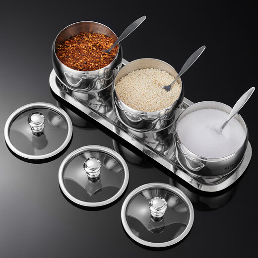 LeCali 304 stainless steel seasoning jar set seasoning bottle salt shaker kitchen seasoning jar dust-proof with spoon combination storage box seasoning jar set with tray with spoon