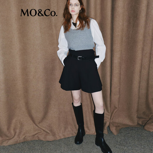 MO&Co. Casual Pants Spring and Autumn Sheep Wool Worsted Mid-Low Rise Loose A-line Pleated Black Shorts (With Belt) Black L