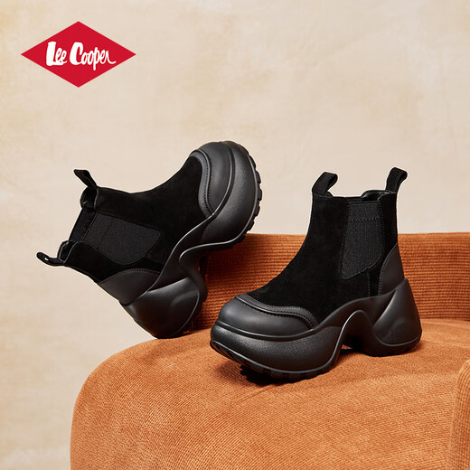 Lee Cooper切尔西靴子女靴冬季加绒保暖增高马丁靴女烟筒靴中筒雪地靴短靴女 黑色薄绒(适合南方) 38