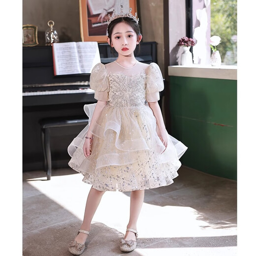 小咔衣浓女童生日晚礼服儿童公主裙花童婚礼小女孩轻奢小众高端钢琴演出服 香槟色短袖短款 120