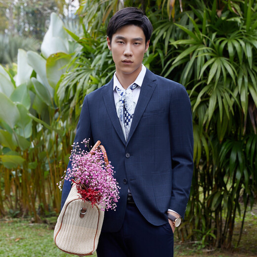 雅戈尔（YOUNGOR）单西男两粒单排扣标准版休闲西服男西服外套羊毛混纺格纹羊毛西服 藏青 XL 180/100A