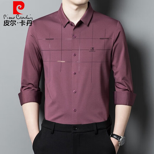 皮尔卡丹（pierre cardin）轻奢高档粉色长袖衬衫男士春秋季喜爸爸婚宴装公公结婚衬衣服 6625红色 175
