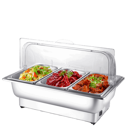 Suiqi Electrically Heated Stainless Steel Buffet Insulated Stove Basin Commercial Hotel Buffet Stove Display Tray Thickened Pot Three Compartments Deepened 13 Liters With Full Steel Cover CNC Model